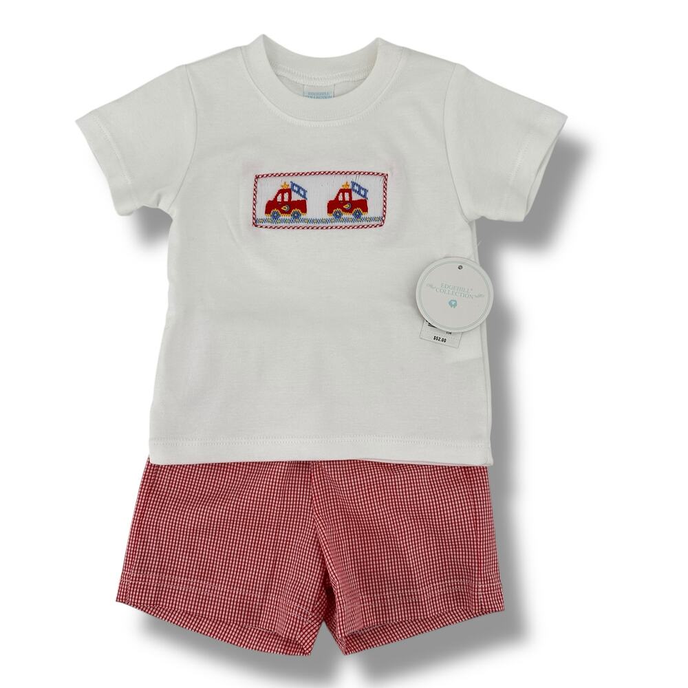 Edgehill Collection Embroidered Smocked Firetruck Shirt Shorts Set Boys Sz 12 Mo